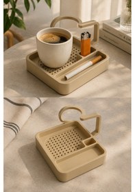 Resim Kahve Sunum Tepsisi Çok Bölmeli Masa Üstü Organizer Kupa Fincan Standı Pla 12.5x11x7 Cm Krem Bej 