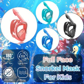 Resim 6-14 yaş arası çocuklar için tam yüz maskeli şnorkel maskesi, en son üst kuru nefes sistemi ve 180° panoramik görünüm ve kamera montajları ile anti-sis ve anti-sızıntı şnorkel ekipmanı 