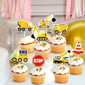 Resim 16'lı Paket Ekskavatör, Buldozer ve Traktör Temalı Cupcake Süsleri - Erkek ve Kız Çocukları için Doğum Günü, Cadılar Bayramı, Noel, Yılbaşı, Sevgililer Günü ve Parti Dekorasyonları 