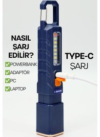 Resim Şarjlı El Feneri 6 Mod Karabina Askılı Çakarlı Cob Led Kamp Lambası Acil Durum Işığı Mavi 7170 Mavi 