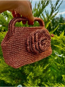 Resim UNİCORNS Bakır Renk Clutch, Simli Burslu Clutch, Saplı Clutch, Kroşe Gül Detaylı Saplı Clutch Çanta 