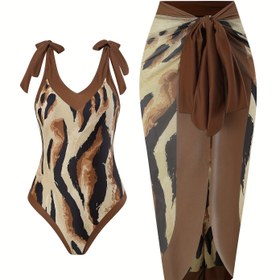 Resim Kadın Kahverengi Zebra Desenli İki Parça Mayo Seti V Yaka ve Ayarlanabilir Askılar ile - Yüksek Esneklikli Polyester Kumaş, Dantel Detay, Tüm Mevsim Plaj Giyimleri, Plaj Kıyafetleri|Zebra Desenli|Esnek Kumaş 