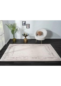Resim Truva Tv013a Bej Halı Geometrik Desen Kenar Çerçeveli Kalın Akrilik Tozuaz Modern Salon Halısı-234 Krem - Vizon 