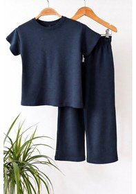 Resim Monila Kız Çocuk Bisiklet Yaka Pamuklu T-shirt Ve Eşofman 2'li Takım Lacivert 