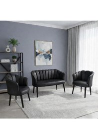 Resim Azra Mobilya Papatya Deri Berjer Takımı 2 Tekli + 1 İkili Koltuk Balkon Ofis Kafe İçin Demonte Ayaklı Siyah Siyah 