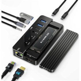 Resim Acasis CM073S 10 in 1 USB-C Dock + SSD Disk Kutusu, 10Gbps, 4K60Hz HDMI, PD 100W, Gigabit Ethernet, AUX+Mic, SD/TF Kart, NVMe&SATA, Windows/Mac OS Uyumlu Vidasız Montaj 