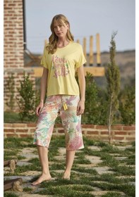 Resim Monamise Kadın Yaprak Desenli Ve Baskılı "love Your Self" Kapri Takımı 24111-sarı Sarı 