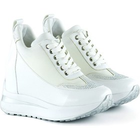 Resim Erkan Saçmacı Tatyana Plus Beyaz Rugan Taşlı Bağcıklı Gizli Dolgu Topuklu Günlük Ayakkabı Beyaz 