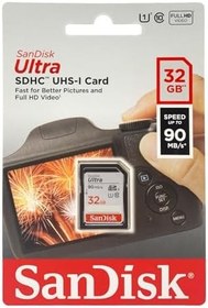 Resim SanDisk 32GB Ultra SDHC UHS-I Memory Card - 90MB/s, C10, U1, Full HD, SD Card - SDSDUNR-032G-GN6IN 