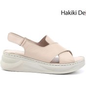 Resim Gönderi R Bej Cırt Bantlı Dolgu Topuk Hakiki Deri Comfort Sandalet Bej 