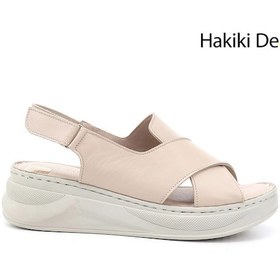 Resim Gönderi R Bej Cırt Bantlı Dolgu Topuk Hakiki Deri Comfort Sandalet Bej 