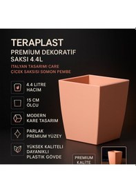 Resim Teraplast Premium Dekoratif Saksı 4.4l - İtalyan Tasarımı Kare Çiçek Saksısı Somon Pembe 4.4 L 