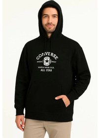 Resim Assema Erkek Kapşonlu Sweatshirt - Üç İplik Şardonlu Kumaş, Oversize Fit, Ön & Arka Baskılı, Kanguru Cepli, Kışlık Rahat Hoodie- Siyah Çok Renkli 