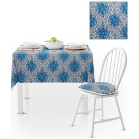 Resim Modern Damask Desenli Mavi Turkuaz Kadife Dokulu 180x260 Masa Örtüsü 