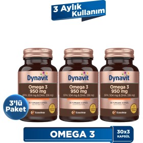 Resim Dynavit Omega 3 950 mg 30 Yumuşak Kapsül x3 - Yüksek EPA & DHA - 1400mg Balık Yağı 