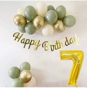 Resim 7 Yaş Küf Yeşili Deniz Kumu Ve Krom Gold Balonlu Konsept Doğum Günü Seti 