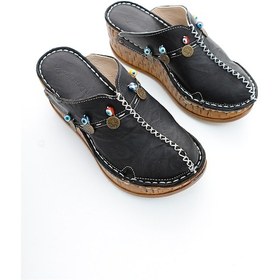 Resim Hakiki Deri Annika Siyah Antik Detaylı Dolgu Sabo Terlik 001 