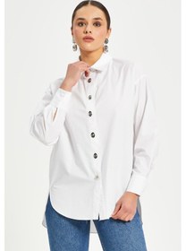 Resim Serpil Exclusive Kadın %100 Koton Oversize Gömlek Taş Düğme Detaylı Uzun Kollu Şık Model Beyaz 