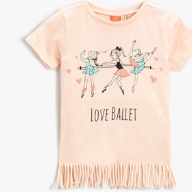 Resim Kız Bebek Baskılı Kısa Kollu Bisiklet Yaka Püsküllü Tişört Pamuklu 