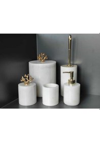Resim Beyaz Mermer Gold Mercan Aksesuarlı 5'li Banyo Seti Beyaz 