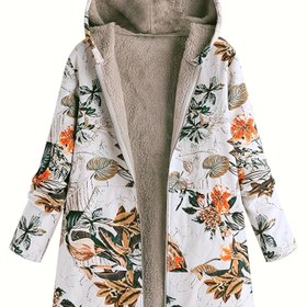 Resim Kadınların Şık Çiçek Desenli Kapüşonlu Fermuarlı Ceketi - Uzun Kollu, Bej Renkli, Turuncu ve Siyah Çiçekler, Rahat Sonbahar/Kış Dış Giyim, Geniş Uç, Normal Beden, Fermuarlı Cep, Sonbahar Kış Ceketi | Çiçek Desenli Ceket | Fermuarlı Cep 