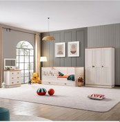 Resim Genç Odası, Zenit 3 Kapaklı Dolap, Yavrulu Korkuluklu Sedir Karyola, Şifonyer Beyaz 