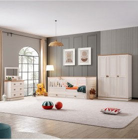 Resim Genç Odası, Zenit 3 Kapaklı Dolap, Yavrulu Korkuluklu Sedir Karyola, Şifonyer Beyaz 