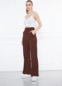 Resim Kahverengi Beli Lastikli Bol Paça Çift Cepli Yüksek Bel Bürümcük Örme Kadın Pantolon Kahverengi 