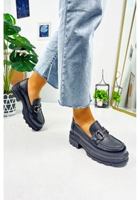 Resim Günlük Kadın Loafer V Tokalı Kalın Topuklu Tırtıklı Tabanlı Oval Burunlu Makosen Ayakkabı 7455 - 7453 7453-siyahcilt 