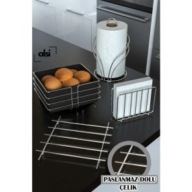 Resim Alsi Home Gümüş Krom Ekmek Sepeti ve Servis Sunum Seti Havluluk Peçetelik Nihale Ekmeklik 4'lü Set 
