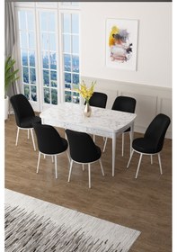 Resim Canisa Concept Zen Serisi 80x132 Mdf Açılabilir Beyaz Mermer Desen Masa Takımı Ve 6 Siyah Sandalye Masa Beyaz Mermer Desen 6 Siyah Sandalye 