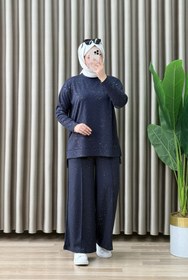 Resim mercan moda Diamond Takım Kristal Simli Parlak Kumaş Kadın Füme Rahat Kesim Tesettür İkili Takım 
