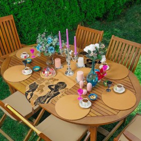 Resim Etnik Afrikan Kadın Desenli Üçgen Püsküllü Runner 1 Adet ve 6 Adet Hardal Renkli Supla 