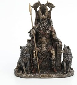 Resim Veronese Design Kurtlarla Tahtta Oturan 8 5/8 İnç Odin Reçine Heykel Bronz Kaplama Viking Dekor Heykeli 