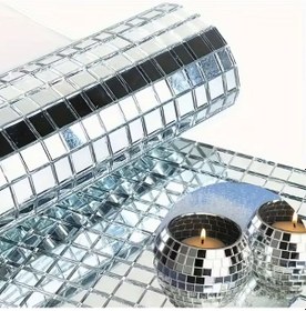 Resim Evyora Kare Silver Cam Mozaik Fayans Çıkartmaları El İşi Kare Cam Fayans Kendinden Yapışkanlı Aynalı Dekor Panel 30x30 Cm 