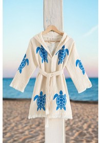 Resim Varol %100 Organik, El İşçiliği Taş Baskı Garson Boy Bornozu - Caretta Krem/13-14yas Krem - Mavi 