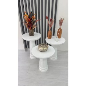 Resim Ahşap 3'lü Set Mantar Yan Sehpa Modern Beyaz Renk Fiskos Zigon Çiçeklik 