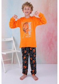 Resim Yeni Sezon Erkek Çocuk Gez Garson Basketball Uzun Kollu Pamuk İnterlok Pijama Takımı 5154-turuncu Turuncu 