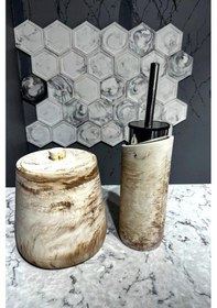 Resim Betonmall 2'li Set Mermer Desenli Çöp Kovası Tuvalet Fırçası Bej 