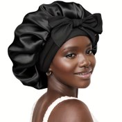 Resim Kadınlar için Geniş Kenarlı, Yumuşak Polyester Saç Bakımı Gece Şapkası - Kokusuz, Ekstra Büyük Saten Bonnet ile Fiyonk 