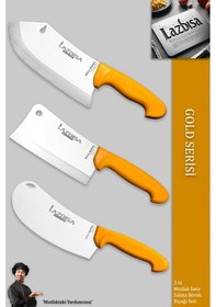 Resim Lazbisa Mft-002 Gold Serisi Pide Börek Mutfak Bıçağı Salata Pizza Bıçak Kıyma Et Satırı Doğrama 3 Lü Set Sarı 
