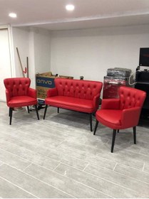Resim Garden House Pera Ofis Büro Bekleme Koltuk Takımı Kırmızı Renk Ahşap Ayak Kapitoneli Kırmızı 