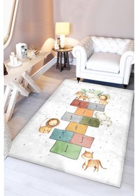 Resim Sevimli Hayvanlar Bambu Çocuk Halısı Gri 