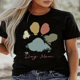 Resim Kadınlar için Günlük Kısa Kollu Tişört - Renkli Pati İzleri ile Köpek Anne Grafik Baskılı, Rahat Kesim Yuvarlak Yaka Yazlık Üst, Nefes Alabilen Yarı Şeffaf Kumaş, Makinede Yıkanabilir Evcil Hayvan Sever Giysi, Köpek Tişörtü, Her Gün Konforlu, Oyuncaksı Baskılı Gömlek, Hafif Tee, Hafta Sonu Kıyafeti, Pet Sahipleri İçin 