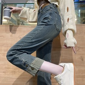 Resim Kadınlar için Yüksek Bel Yan Düğmeli Paça Detaylı Retro Tarz Düz Bacaklı Kot Pantolon, Kadın Kot Pantolon ve Giyim 