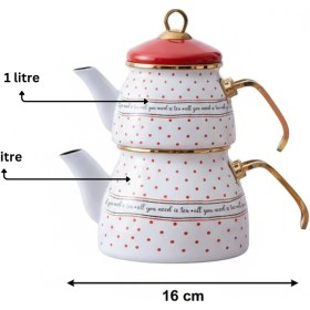 Resim Kırmızı Beyaz Renk Gold Detaylı Puantiyeli Emaye Çaydanlık Takımı 2 Lt +1 Lt. Beyaz - Kırmızı 