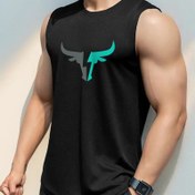 Resim Erkekler için Yazlık Rahat Atletik Atlet - Siyah ile Turkuaz Geometrik Baskı, Esnek Polyester Karışımı, Kolsuz Spor Salonu veya Antrenman Gömleği, Yazlık Tank Toplar 