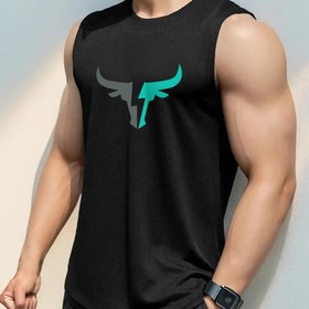 Resim Erkekler için Yazlık Rahat Atletik Atlet - Siyah ile Turkuaz Geometrik Baskı, Esnek Polyester Karışımı, Kolsuz Spor Salonu veya Antrenman Gömleği, Yazlık Tank Toplar 