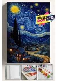 Resim Sayılarla Boyama Seti Numaralı Tuval Fırça Boya Dahil Kasnaklı Set 50x70 Cm - Yıldızlı Gece Köy 
