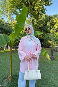 Resim Bipantolon Kadın Pembe Bağlama Detaylı Flam Keten Kimono 
